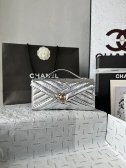 CHANEL Top Handle Bags Calfskin Leather (Silver-Gold) 10X26X5CM G00202608070737