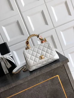 CHANEL Top Handle Bags Calfskin Leather (White-Gold) 19CM H50202608072613