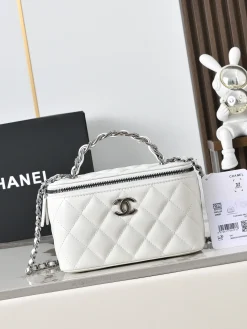 CHANEL Top Handle Bags Calfskin Leather (White-Silver) 17X10X8CM E80202608072930