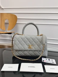 CHANEL Top Handle Bags Caviar Leather (Grey-Gold) 14X23X10CM F80202608072208