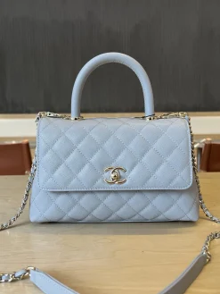 CHANEL Top Handle Bags Caviar Leather (Light Blue-Gold) 23CM F00202608071089