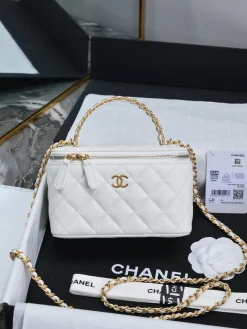 CHANEL Top Handle Bags Caviar Leather (White-Gold) 16X8X10CM E80202608073251
