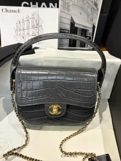 Alternative view of CHANEL Top Handle Bags Crocodile Embossed Leather (Dark Grey-Gold) One Size F80202608070175