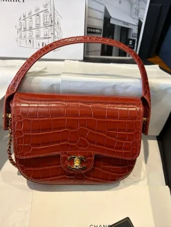 CHANEL Top Handle Bags Crocodile Embossed Leather (Red-Gold) One Size F80202608070173