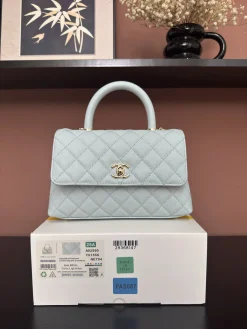 CHANEL Top Handle Bags Grained Leather (Light Blue-Gold) 24X14X10CM F50202608072559