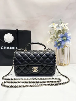 CHANEL Top Handle Bags Lamb Leather (Black-Gold) 20X12X6CM F80202608073247
