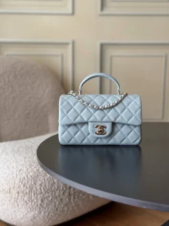 CHANEL Top Handle Bags Lamb Leather (Blue-Gold) 20X12X6CM E60202608072094