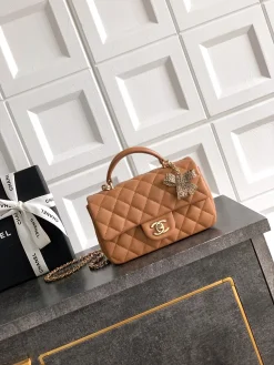 CHANEL Top Handle Bags Lamb Leather (Brown-Gold) 20X13X9CM I80202608072770