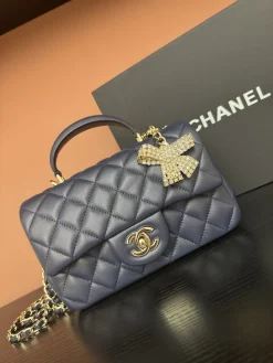 CHANEL Top Handle Bags Lamb Leather (Dark Blue-Gold) 20X12X6CM F00202608073260