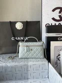 CHANEL Top Handle Bags Lamb Leather (Light Blue-Gold) 14X19X5CM E80202608072141