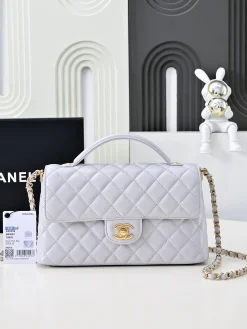 CHANEL Top Handle Bags Lamb Leather (Light Gray-Gold) 25X16X7CM G60202608072476