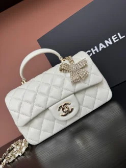 CHANEL Top Handle Bags Lamb Leather (White-Gold) 20X12X6CM F00202608073257