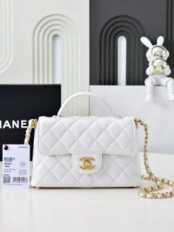 CHANEL Top Handle Bags Lamb Leather (White-Gold) 20X14X6CM G30202608072482