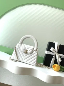 CHANEL Top Handle Bags Lambskin Leather (White-Gold) 13X19X7CM E80202608071667