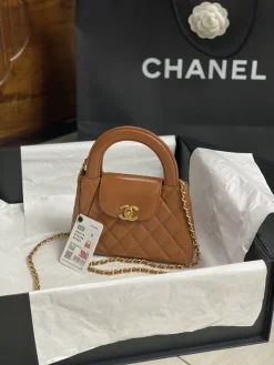 CHANEL Top Handle Bags Leather (Brown-Gold) 13X19X7CM E30202608072430