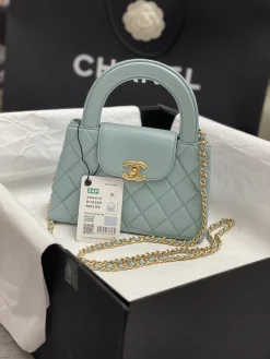 CHANEL Top Handle Bags Leather (Light Blue-Gold) 13X19X7CM E30202608072444
