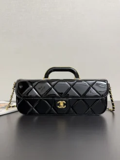 CHANEL Top Handle Bags Patent Leather (Black-Gold) 12X29X5CM A050202608070709