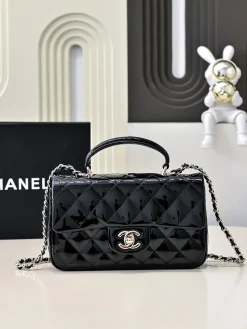 CHANEL Top Handle Bags Patent Leather (Black-Silver) 20X12X6CM F80202608072715
