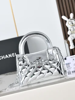 CHANEL Top Handle Bags Patent Leather (Silver) 13X19X7CM F50202608072784