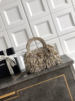 CHANEL Top Handle Bags Woven Leather (Black-White-Gold) 13X19X7CM A100202608071163