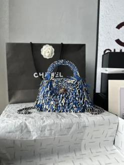 CHANEL Top Handle Bags Woven Leather (Blue-Cream) 13X19X7CM H80202608070624