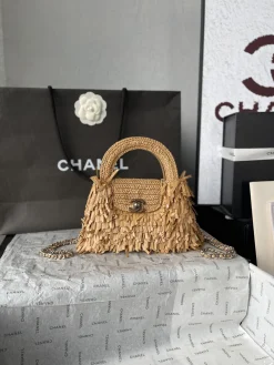 CHANEL Top Handle Bags Woven Leather (Natural-Gold) 13X19X7CM H80202608070622