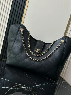 CHANEL Totes Bags Calfskin Leather (Black-Gold) 33X54X15CM H80202608071638