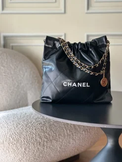 CHANEL Totes Bags Calfskin Leather (Black-Gold) 35X37X7CM F00202608072055