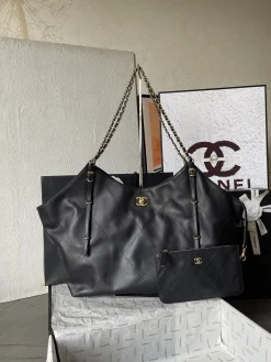 CHANEL Totes Bags Calfskin Leather (Black-Gold) 36X59X13CM G80202608073204