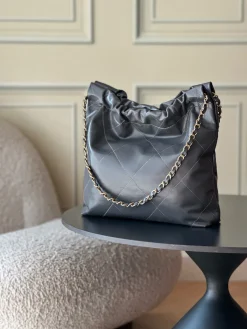 Alternative view of CHANEL Totes Bags Calfskin Leather (Dark Grey-Gold) 35X37X7CM F00202608072064