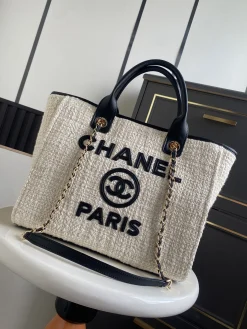 CHANEL Totes Bags Canvas Leather (Cream-Black) 33CM G50202608070762