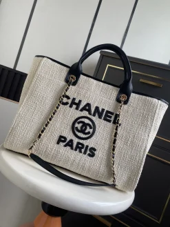CHANEL Totes Bags Canvas Leather (Cream-Black) 38CM G80202608070760