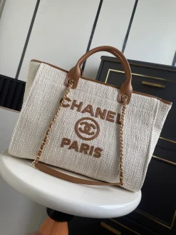 CHANEL Totes Bags Canvas Leather (Ecru-Brown) 38CM G80202608070759