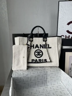 CHANEL Totes Bags Canvas Leather (White-Black) 38X32X18CM H80202608070914