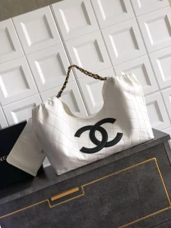Alternative view of CHANEL Totes Bags Canvas (White-Black) 20X43X17CM H80202608070731