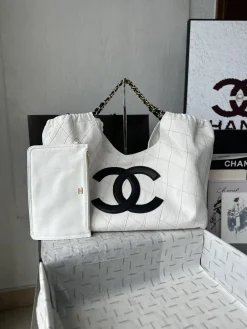 CHANEL Totes Bags Canvas (White-Black-Gold) 20X43X17CM H80202608070752