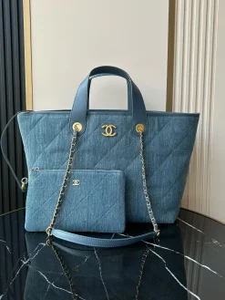CHANEL Totes Bags Cotton Calf Leather (Blue-Gold) 31X45X28CM H00202608073151