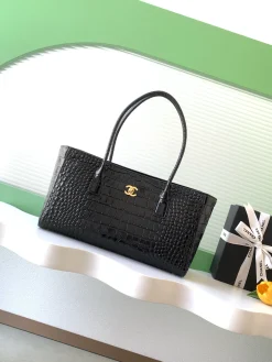 CHANEL Totes Bags Crocodile Embossed Leather (Black-Gold) 20X39X13CM I00202608070665