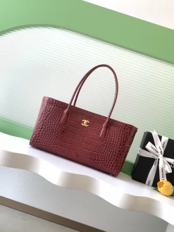 CHANEL Totes Bags Crocodile Embossed Leather (Burgundy-Gold) 20X39X13CM I00202608070667