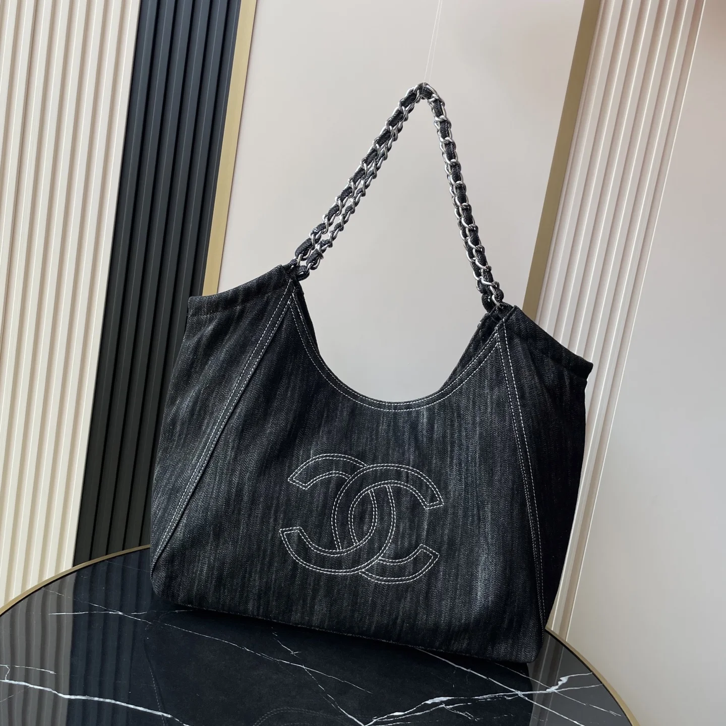 CHANEL Totes Bags Denim (Black-White) 35X48X14CM F50202608072076