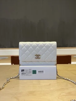 CHANEL Wallet Bags Calfskin Leather (White-Gold-Silver) 19CM E60202608072113