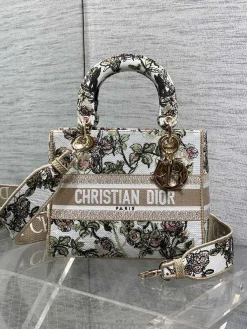 DIOR Top Handle Bags Canvas Embroidery (White-Gold) 24X11X20 CM E80202608060357