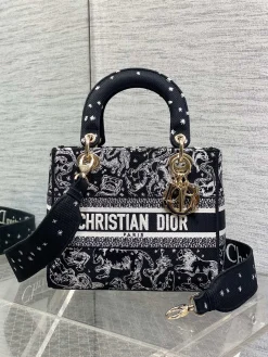 DIOR Top Handle Bags Embroidered Canvas (Black-White) 24X11X20CM E80202608060349