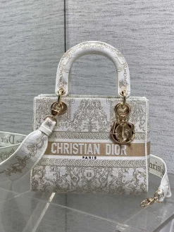 DIOR Top Handle Bags Embroidered Canvas (White-Gold) 24X11X20CM E80202608060361
