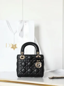 DIOR Top Handle Bags Lamb Leather (Black-Gold) 17X15X7CM I50202608060014