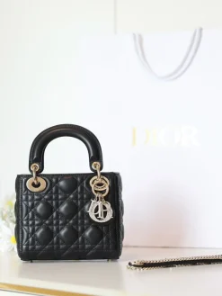 DIOR Top Handle Bags Lamb Leather (Black-Gold) 17X15X7CM I50202608060329