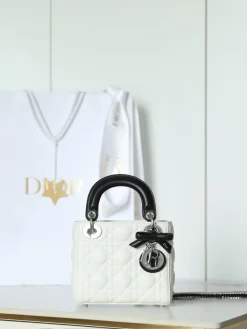 DIOR Top Handle Bags Lambskin Leather (White-Black) 17X15X7CM I80202608060000