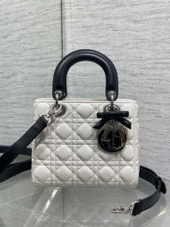 DIOR Top Handle Bags Lambskin Leather (White-Black) 20X17X8CM G50202608060253