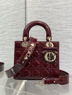 DIOR Top Handle Bags Patent Leather (Burgundy-Gold) 20X17X8CM F80202608060440