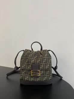FENDI Backpacks Bags Canvas Leather (Brown-Gold) 23X12X26CM D80202608080026